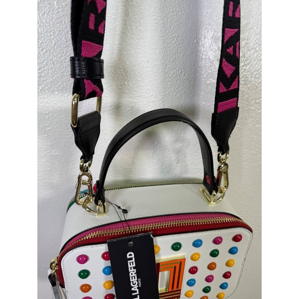 NEW KARL LAGERFELD Simone Rainbow Studded Crossbody Bag White Premium Leather - Picture 3 of 15